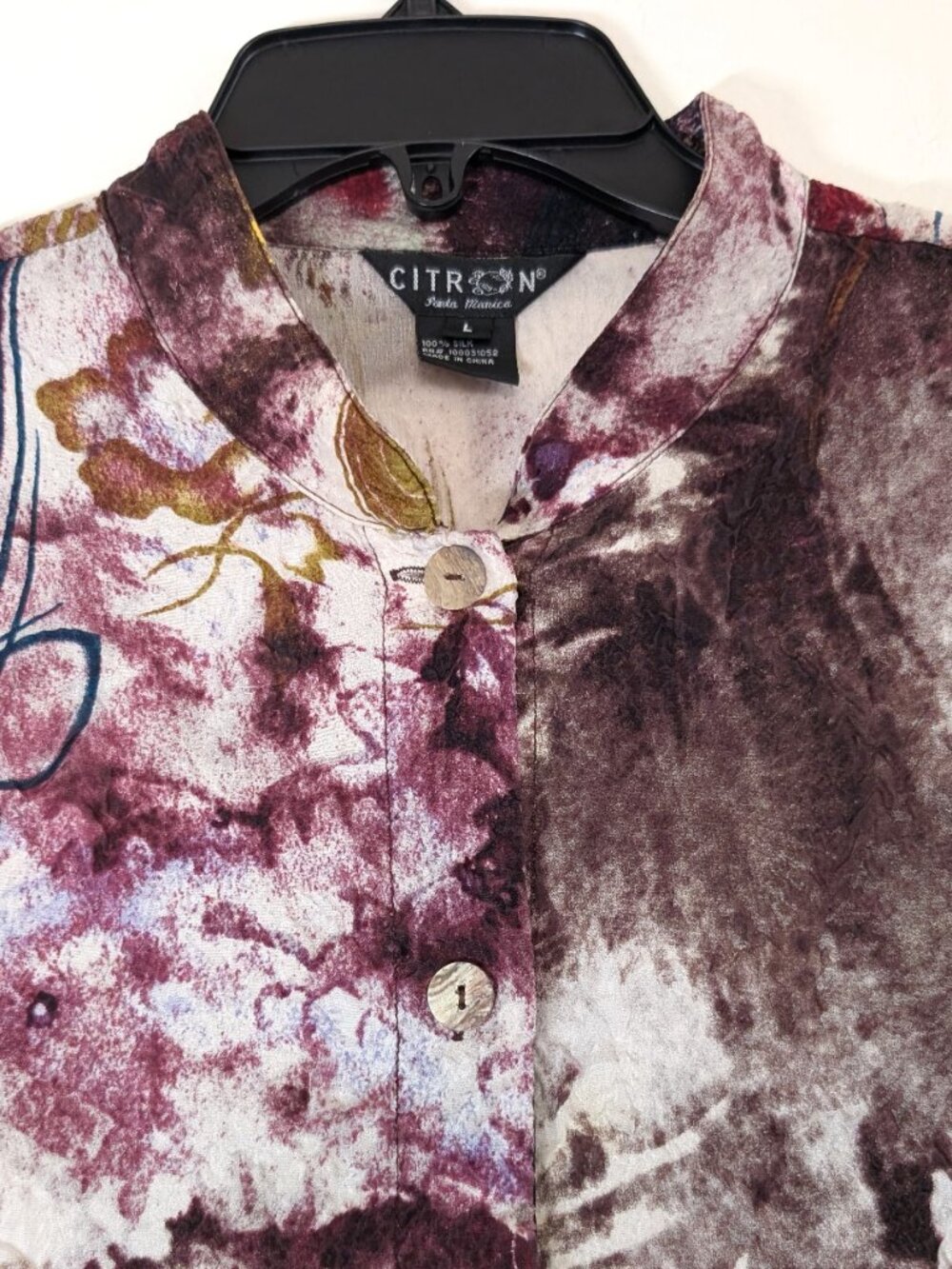 CITRON Blouse L Santa Monica Silk Multicolor Abstract Watercolor Button Front - Picture 2 of 14
